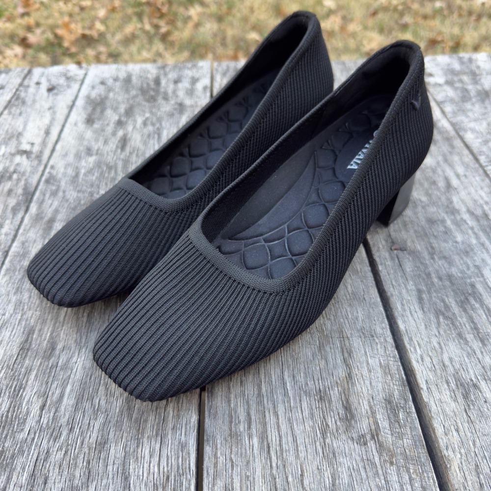 Vivaia Margot Square Toe Block Heel Pumps Black Knit Sustainable Shoes Size 41
